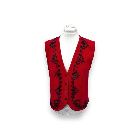 Koret Women’s Red Beaded Vest | VTG 90s Grandma Core Christmas Holiday Sweater L - Picture 4 of 10